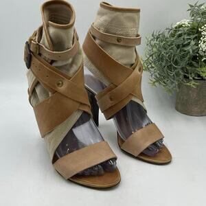 CHLOE Strap‎ Leather Canvas Gladiator High Heel Brown Beige Sandal Sz 36/5.5